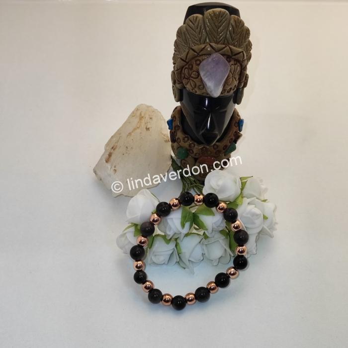 Bracelet Obsidienne Noire Celestre et Hematite Rose Gold- (Perles de 6/8mm)