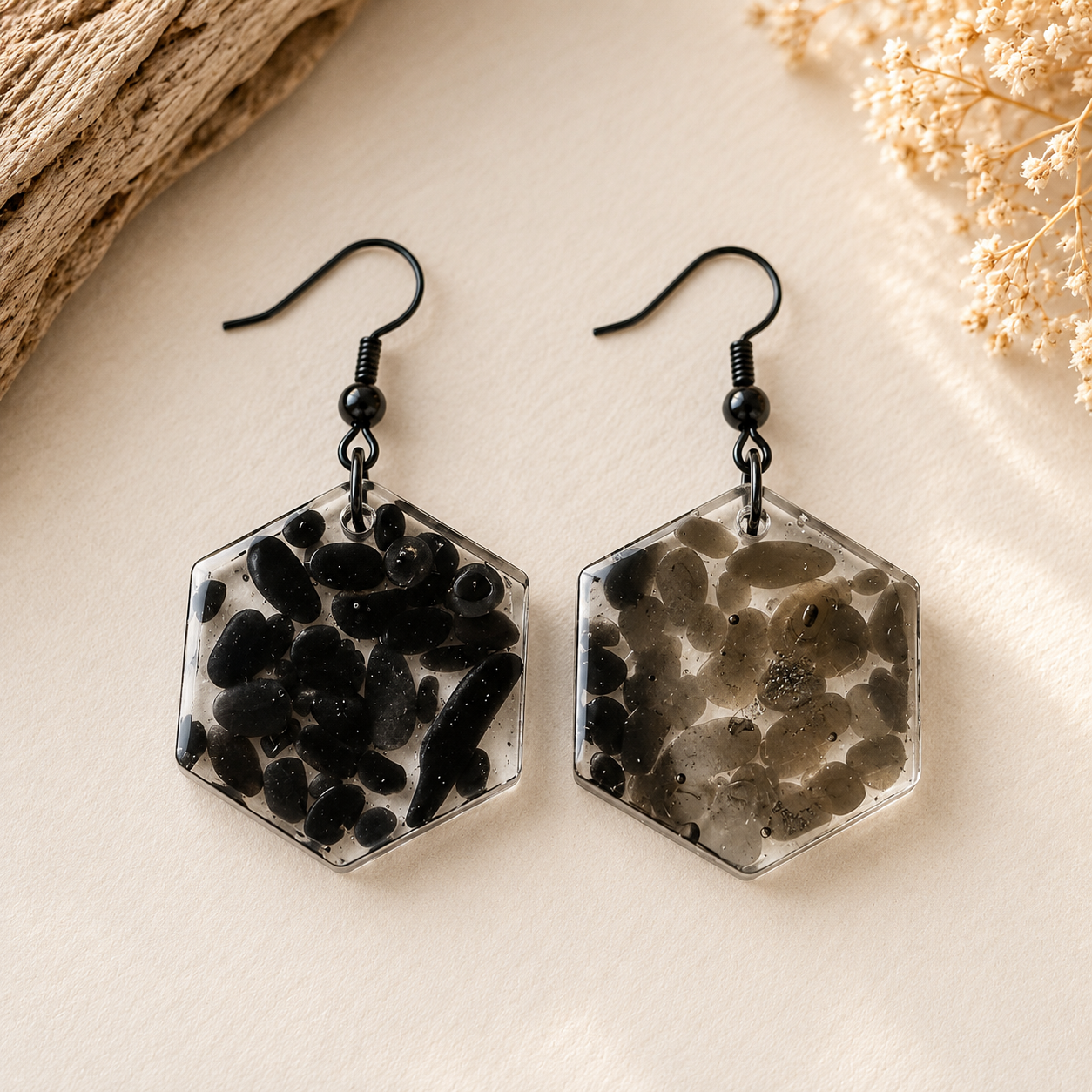 Boucles d’Oreilles Hexagone Obsidienne Noire ✨