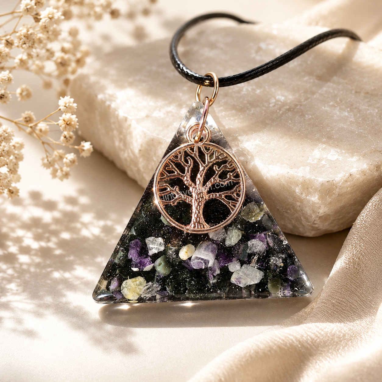 Pendentif Arbre de Vie – Obsidienne & Améthyste