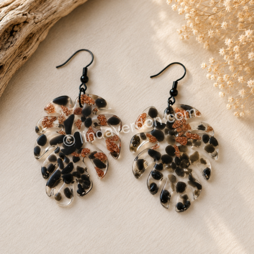 Boucles d’Oreilles Feuille Goldstone & Obsidienne Noire ✨