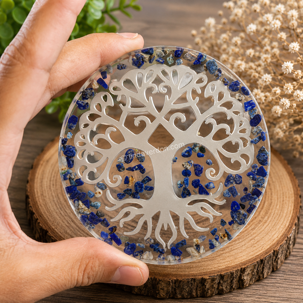 🌳 Plaque Énergétique Arbre de Vie & Lapis-Lazuli – 11 cm