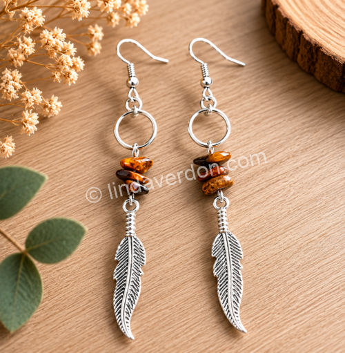 Boucles d’Oreilles Œil du Tigre & Plume Argentée ✨