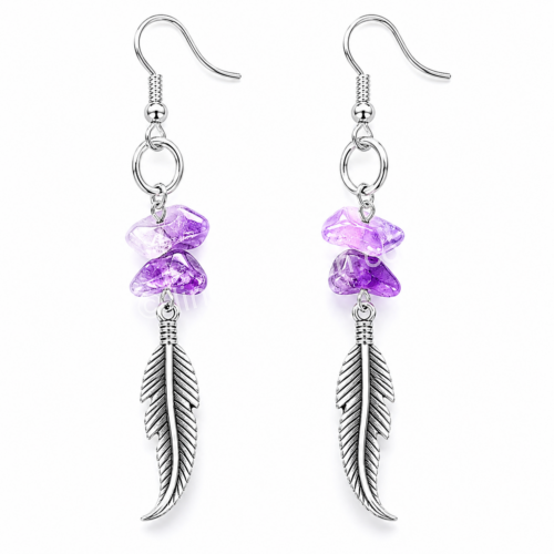 ✨ Boucles d’Oreilles Plume Améthyste – Création artisanale avec pierres naturelles ✨
