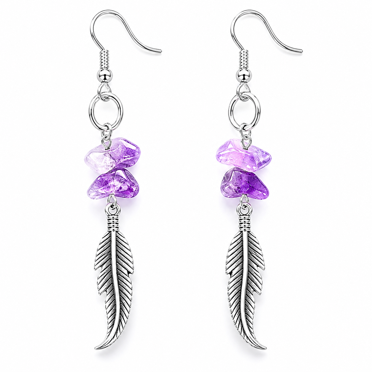 ✨ Boucles d’Oreilles Plume Améthyste – Création artisanale avec pierres naturelles ✨