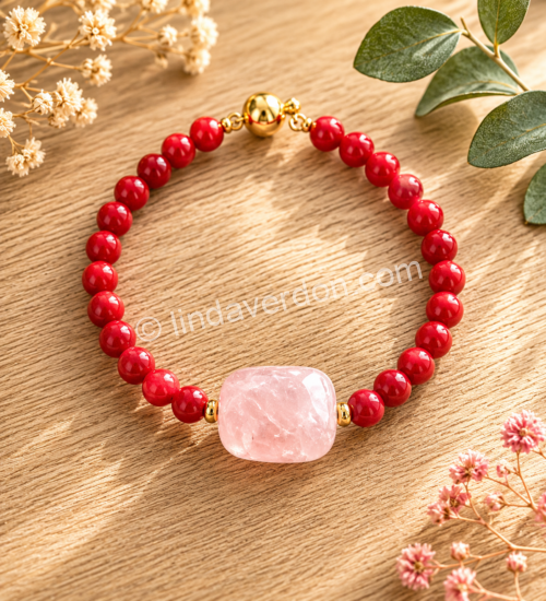 ❤️ Bracelet “Éclat du Cœur” Bracelet énergétique artisanal en Mashan rouge & Quartz Rose ✨