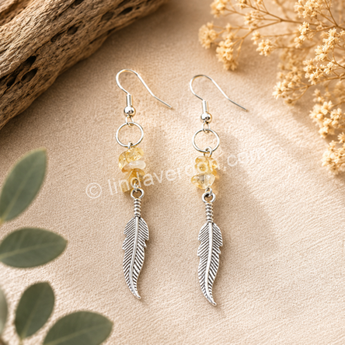 Boucles d’Oreilles Citrine & Plume Argentée ✨