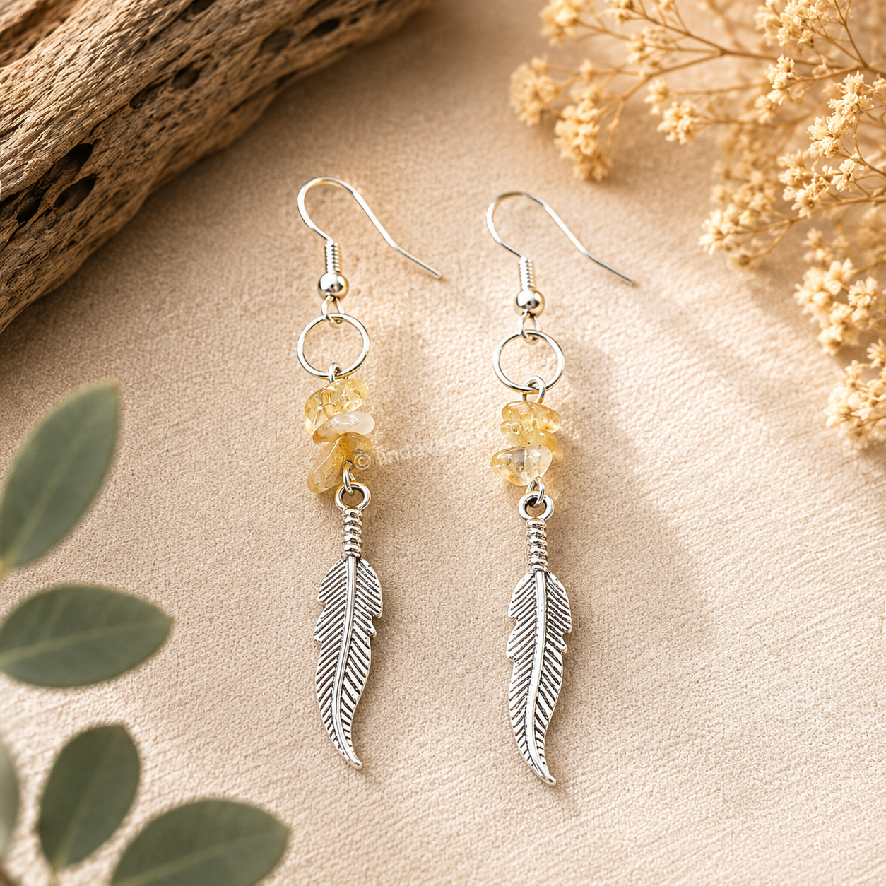 Boucles d’Oreilles Citrine & Plume Argentée ✨