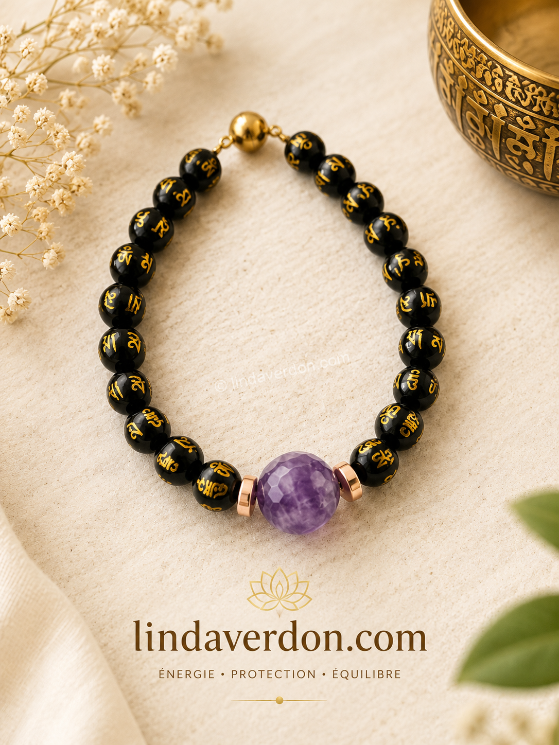 💜 Bracelet “Om Sérénité Sacrée” Bracelet artisanal en Obsidienne noire Om & Améthyste facettée ✨