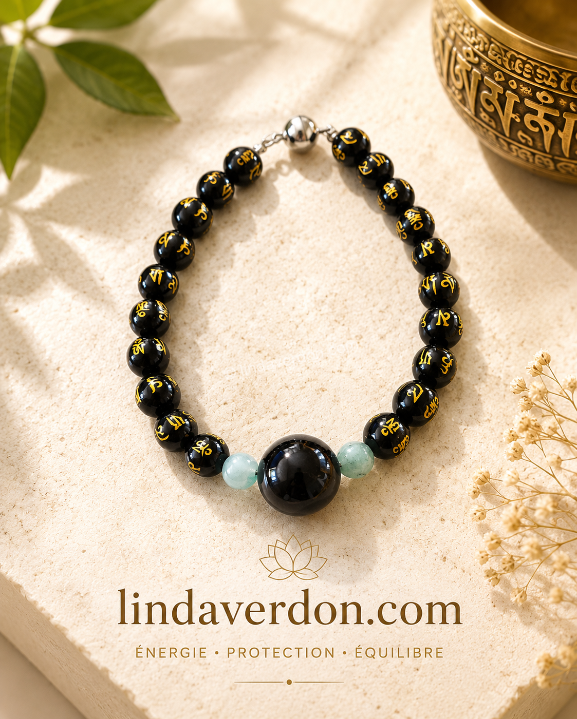 🖤 Bracelet “Om Harmonie Énergétique” Bracelet artisanal en Obsidienne noire Om, Grenat & Amazonite ✨