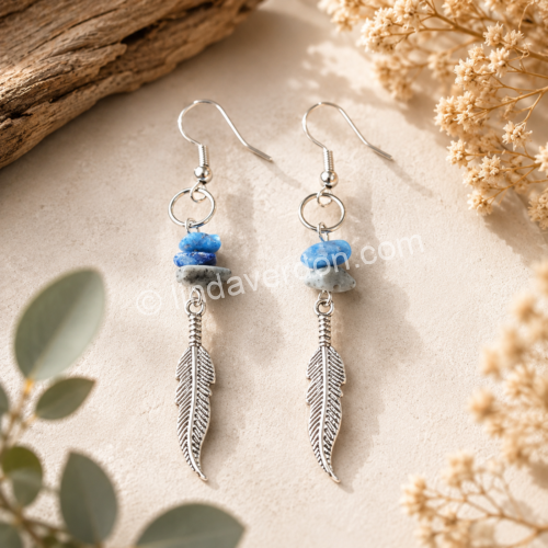 Boucles d’Oreilles Turquoise & Plume Argentée ✨