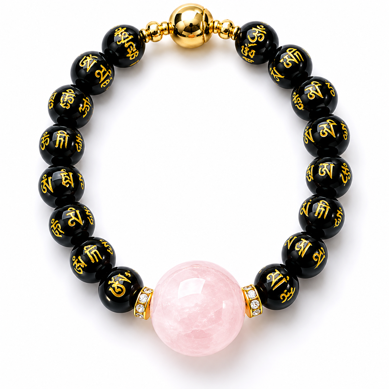 🖤 Bracelet “Protection Om Sacré” Bracelet artisanal en Obsidienne noire Om & Quartz Rose ✨
