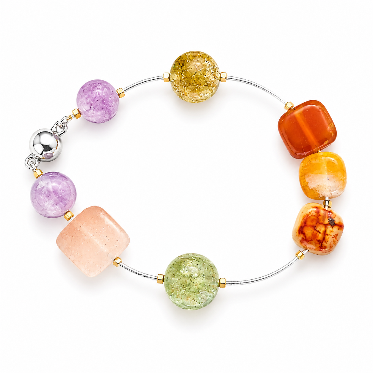 🌈 Bracelet “Harmonie Lumineuse” Bracelet artisanal en Cornaline, Améthyste, Péridot & Quartz lumineux ✨
