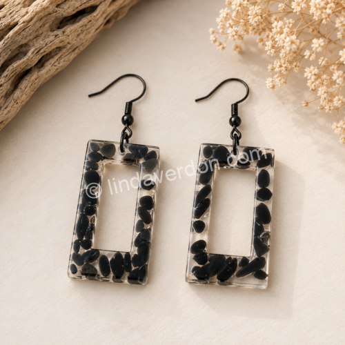 Boucles d’Oreilles Géométrie Obsidienne Noire ✨