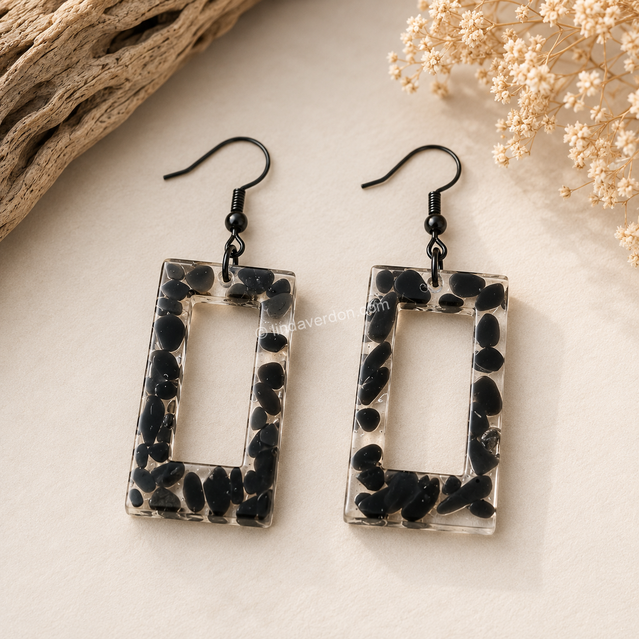 Boucles d’Oreilles Géométrie Obsidienne Noire ✨