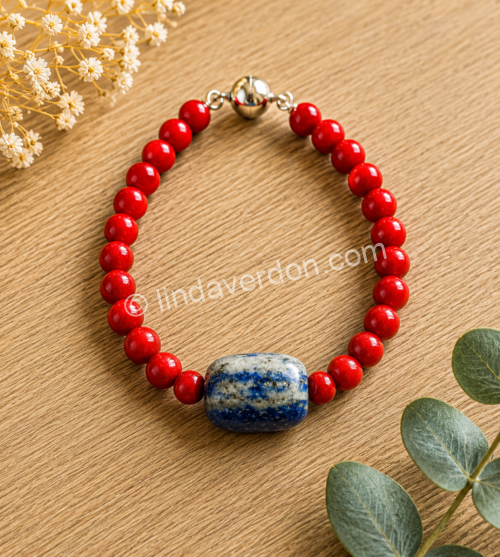 💙 Bracelet “Force & Intuition” Bracelet artisanal en Mashan rouge & Lapis-Lazuli ✨