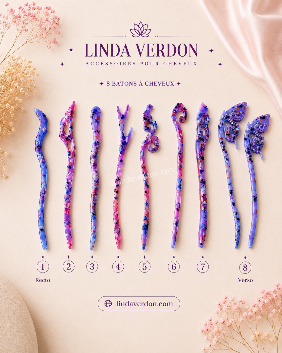 Découvrez nos bâtons à cheveux artisanaux réalisés en résine époxy avec des pierres naturelles. Accessoires de coiffure uniques, personnalisables et fabriqués à la main par Linda Verdon.