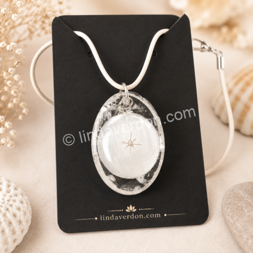 Découvrez ce pendentif Sélénite Cristal de Roche réalisé à la main en résine époxy. Une création artisanale unique avec étoile argentée, préparée avec soin dans l'univers de Linda Verdon.