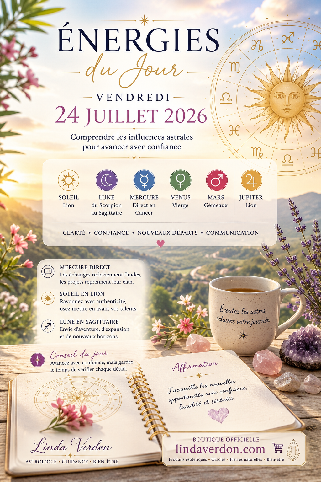 Découvrez les énergies du jour du vendredi 24 juillet 2026 : influences planétaires, climat astral, conseils pratiques, clé AstroCodex et affirmation positive.