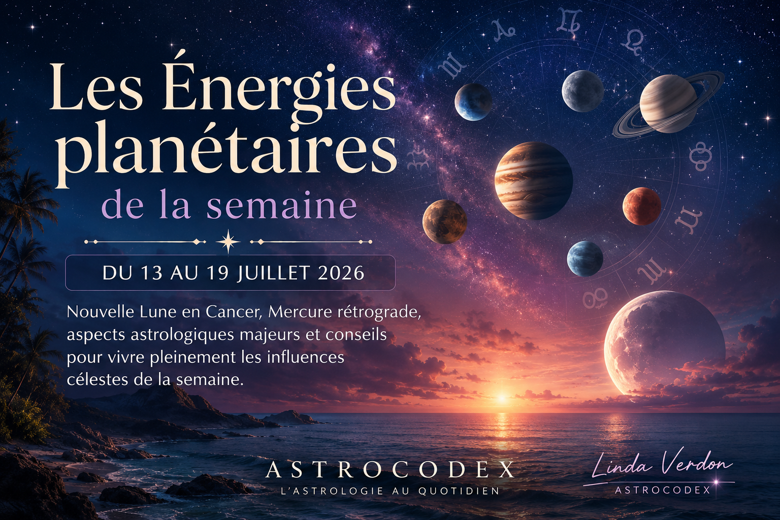 Les Énergies planétaires de la semaine du 13 au 19 juillet 2026 Découvrez les énergies planétaires du 13 au 19 juillet 2026 avec AstroCodex : Nouvelle Lune en Cancer, Mercure rétrograde, aspects astrologiques majeurs et conseils pour vivre pleinement les influences célestes de la semaine.
