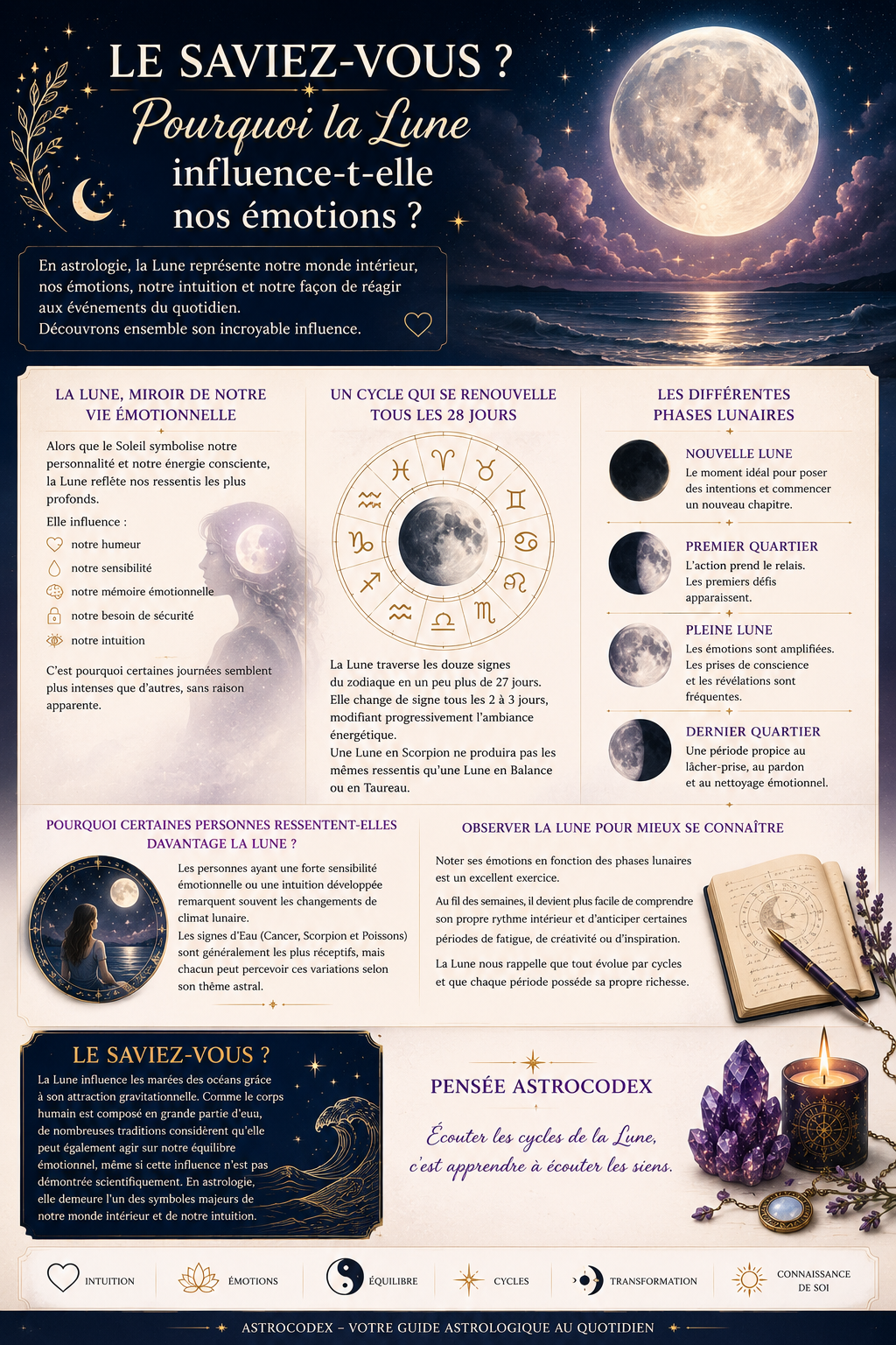 Pourquoi la Lune influence-t-elle nos émotions ? Découvrez son rôle en astrologie, les différentes phases lunaires et leur impact sur notre intuition et notre équilibre intérieur.