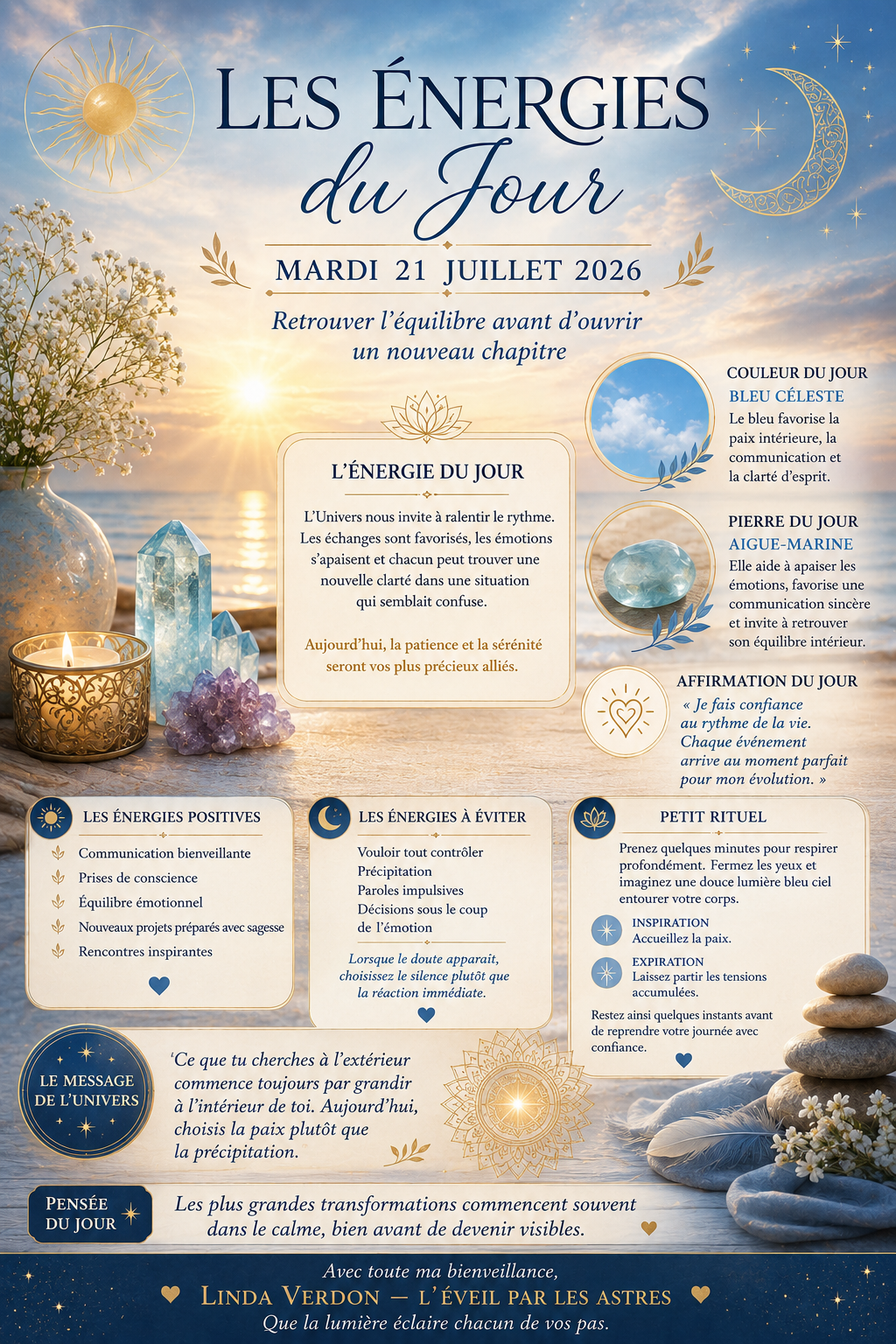 Découvrez les énergies spirituelles et astrologiques du 21 juillet 2026 : couleur, pierre, affirmation, rituel et message de l'Univers pour vivre cette journée en harmonie.