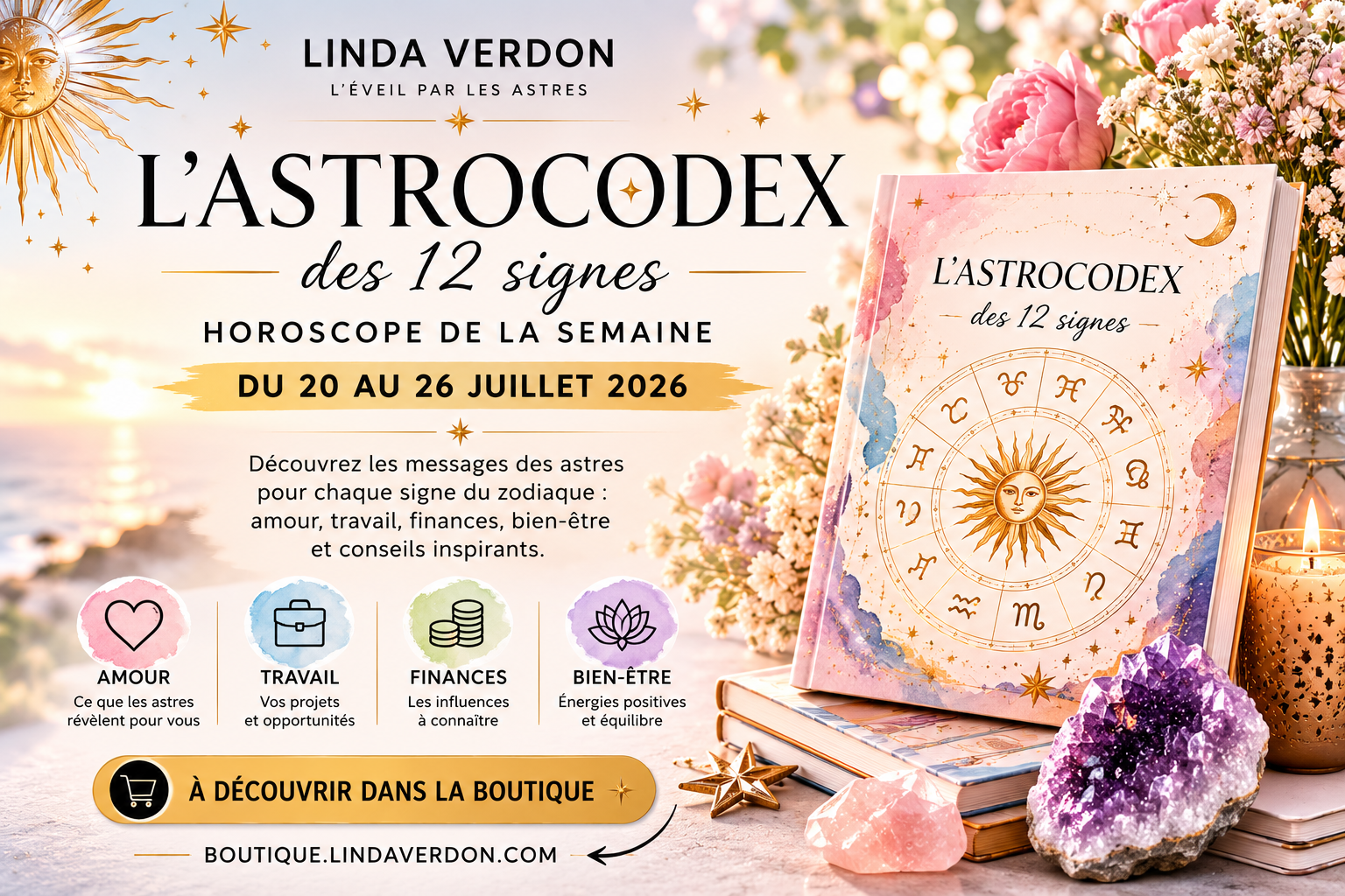 L'AstroCodex vous dévoile les grandes tendances astrologiques de la semaine du 20 au 26 juillet 2026. Explorez les influences des astres pour les douze signes du zodiaque et laissez-vous guider par des conseils inspirants en amour, travail, finances et bien-être.