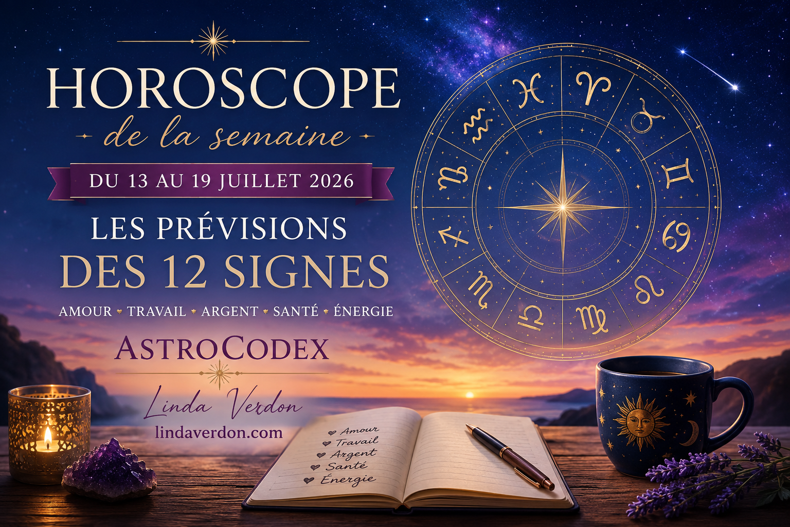✨ Horoscope de la semaine du 13 au 19 juillet 2026 ✨ Retrouvez les prévisions astrologiques AstroCodex de la semaine du 13 au 19 juillet 2026. Découvrez les tendances des douze signes en amour, travail, finances, relations et énergie pour mieux vivre les influences de la semaine.