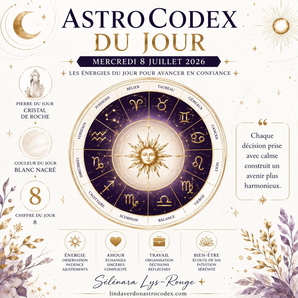Découvrez l'AstroCodex du mercredi 8 juillet 2026 avec les prévisions astrologiques des 12 signes, les énergies du jour et les conseils AstroCodex.