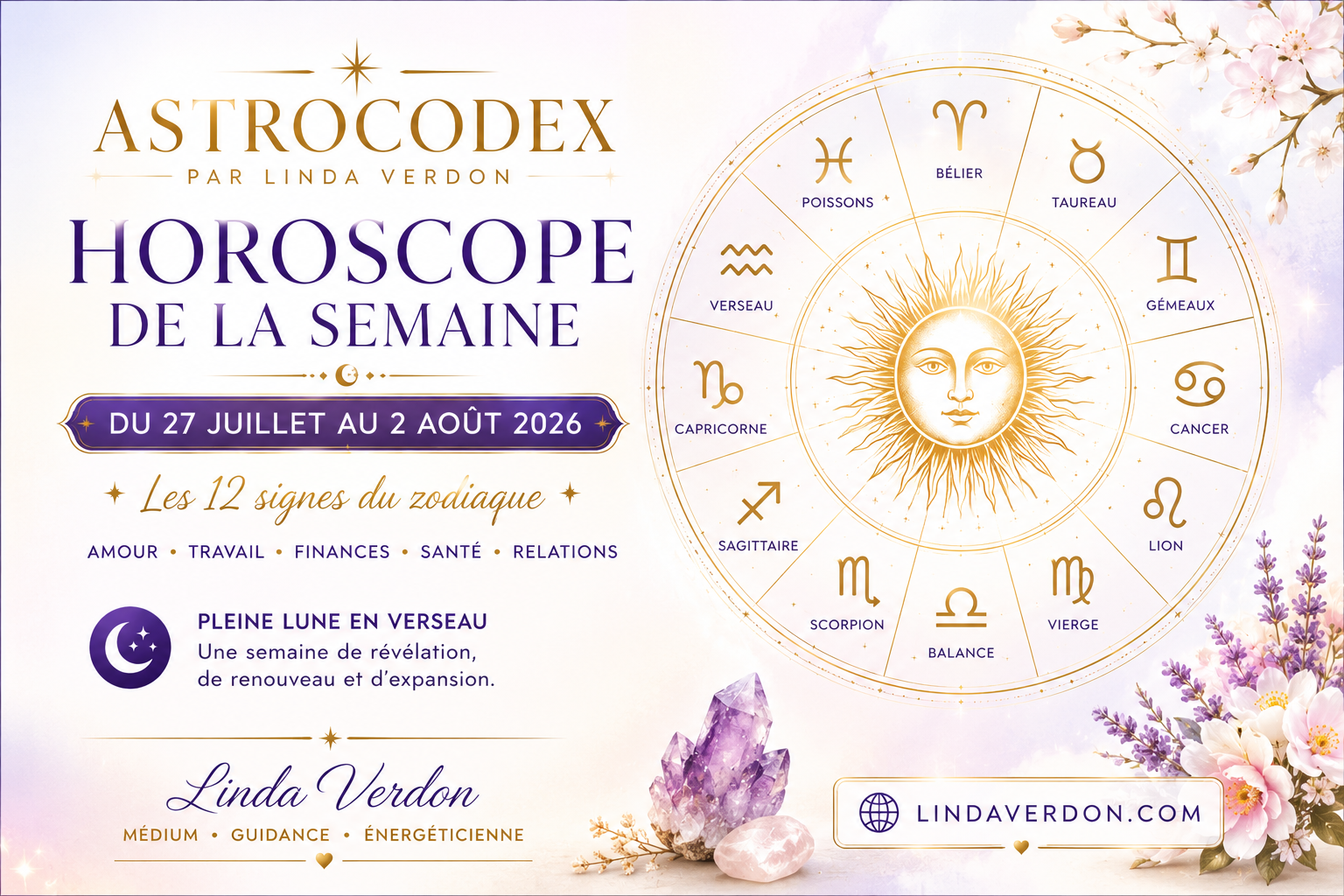 Découvrez l'horoscope AstroCodex de la semaine du 27 juillet au 2 août 2026. Les influences astrales détaillées des 12 signes du zodiaque en amour, travail, finances, santé et relations, sous l'énergie de la Pleine Lune en Verseau.