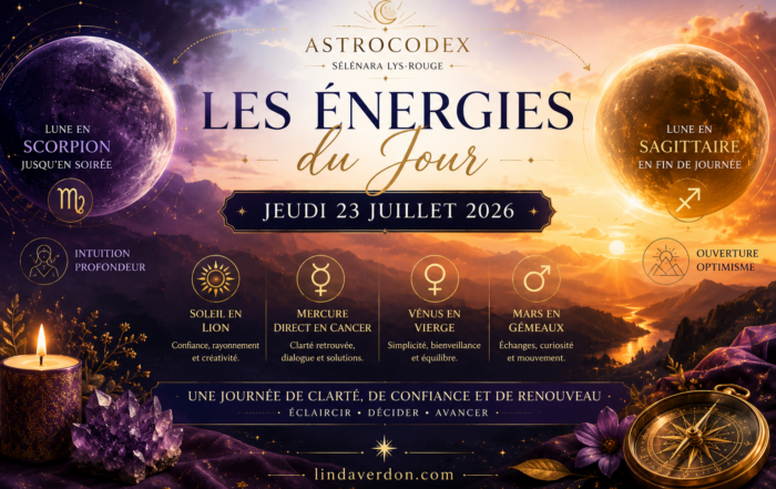 Les Énergies du Jour du 23 juillet 2026 : découvrez les influences du Soleil en Lion, de Mercure direct et de la Lune en Scorpion puis Sagittaire pour mieux comprendre le climat astral du jour.