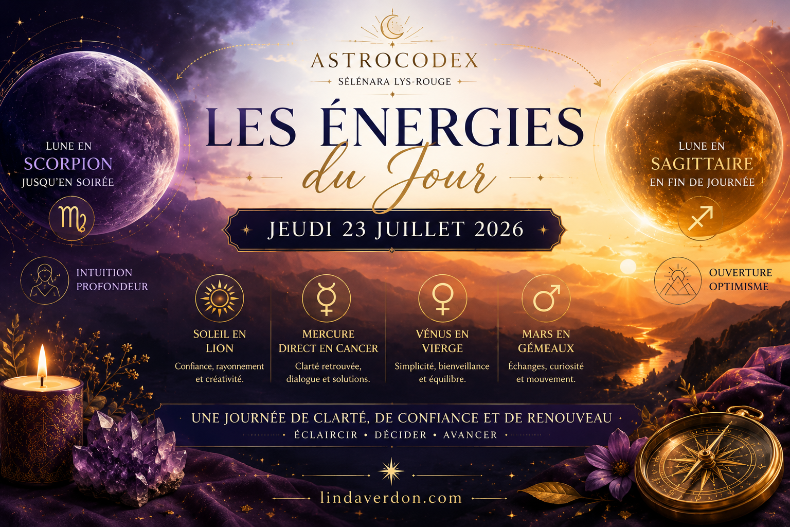 Les Énergies du Jour du 23 juillet 2026 | Clarté, confiance Les Énergies du Jour du 23 juillet 2026 : découvrez les influences du Soleil en Lion, de Mercure direct et de la Lune en Scorpion puis Sagittaire pour mieux comprendre le climat astral du jour.