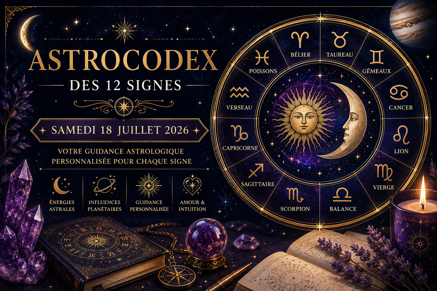 Découvrez l'AstroCodex du samedi 18 juillet 2026 et les influences astrales des 12 signes du zodiaque. La Lune en Vierge, Mercure rétrograde et les aspects planétaires du jour vous offrent une guidance claire pour votre vie personnelle, sentimentale et vos décisions.