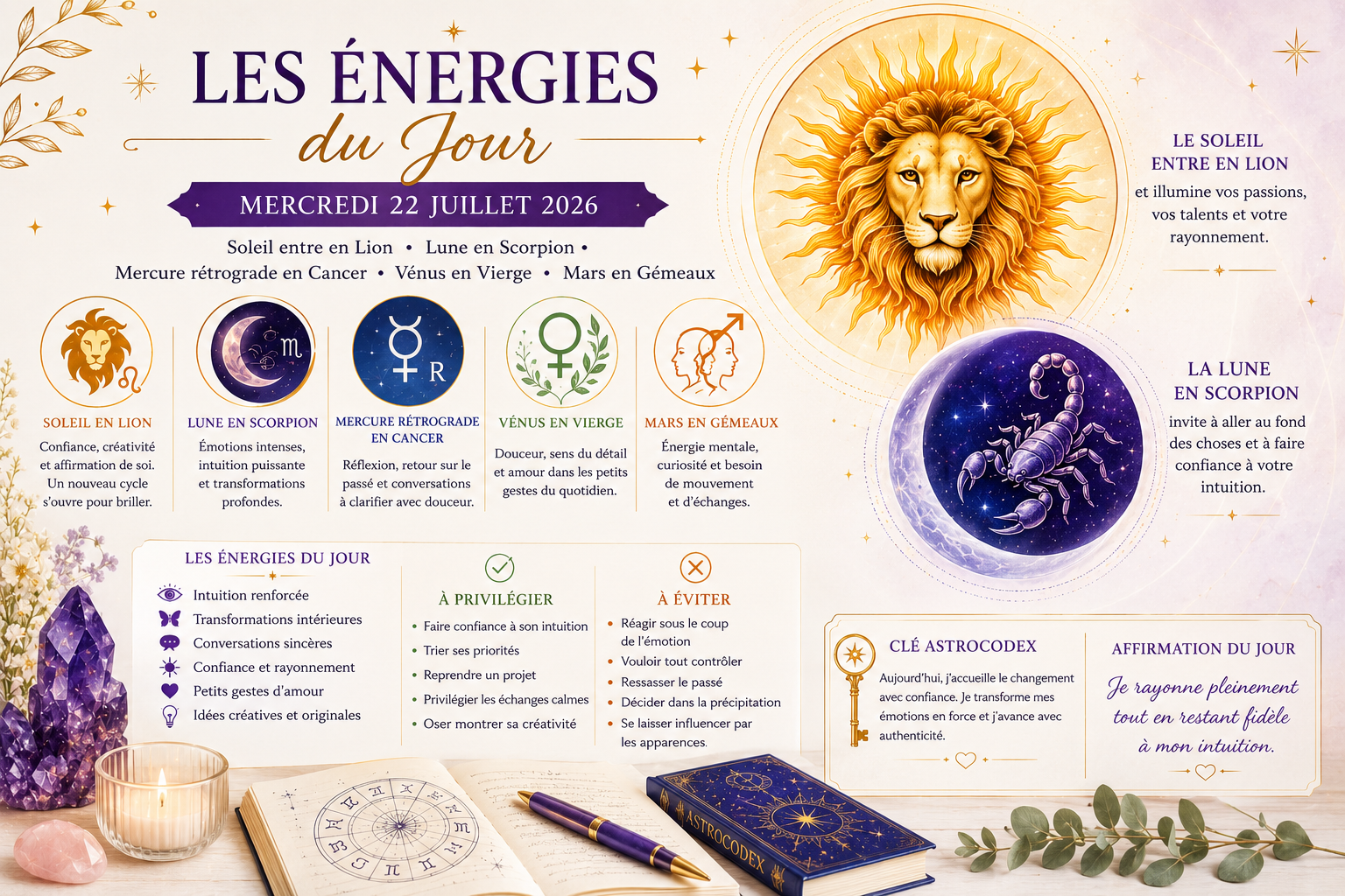 Les Énergies du Jour du 22 juillet 2026 : Soleil en Lion, Lune en Scorpion et principaux transits planétaires. Une guidance astrologique pour mieux comprendre les vibrations de cette journée.