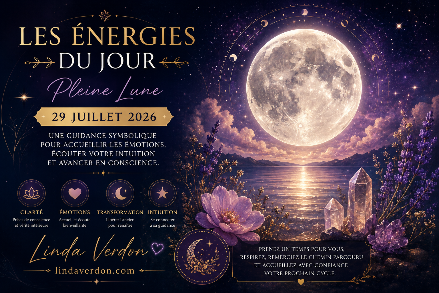 Découvrez les Énergies du Jour du 29 juillet 2026. Une guidance symbolique inspirée de la Pleine Lune pour accueillir les émotions, écouter votre intuition et avancer en conscience.