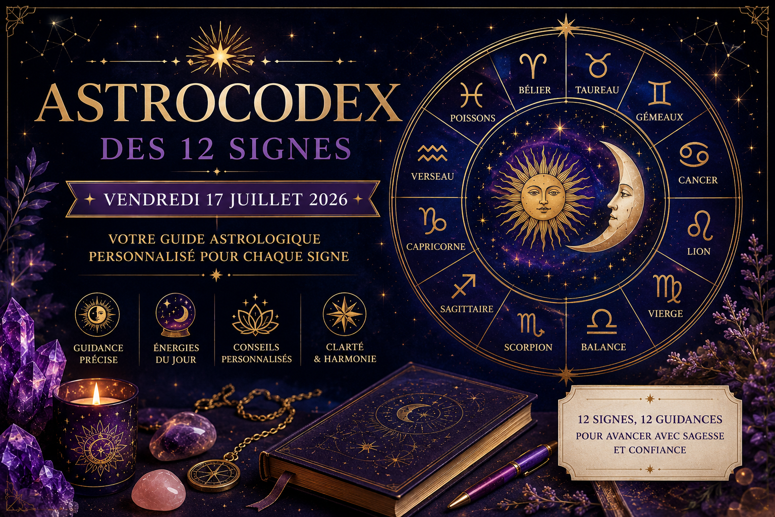 Découvrez l’AstroCodex du vendredi 17 juillet 2026 pour les 12 signes du zodiaque. La Lune en Vierge, Vénus, Mercure rétrograde et les tensions astrales du jour éclairent vos relations, vos décisions et votre évolution personnelle.