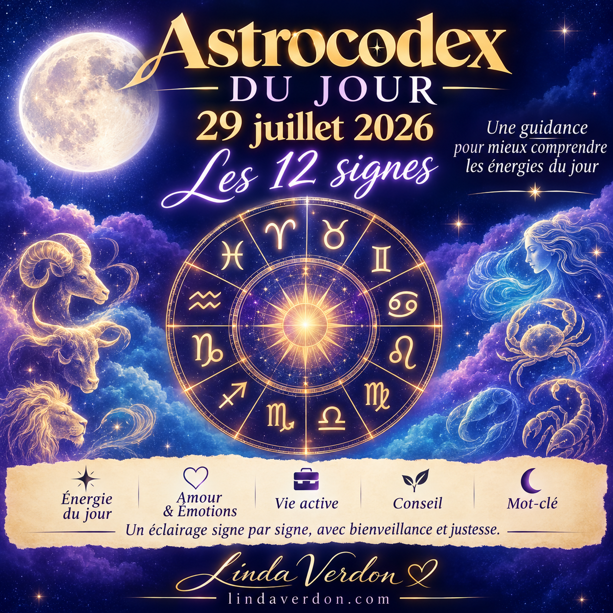 Découvrez l'Astrocodex du 29 juillet 2026. Une guidance inspirée de la Pleine Lune pour accueillir les émotions, renforcer votre intuition et avancer en conscience.