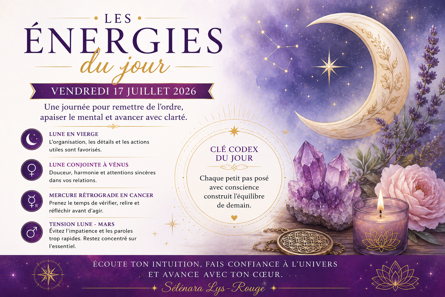 Découvrez les énergies du vendredi 17 juillet 2026 à travers une lecture astrologique et énergétique. La Lune en Vierge, Mercure rétrograde et les influences célestes du jour vous invitent à retrouver l'équilibre, à clarifier vos projets et à avancer avec discernement.