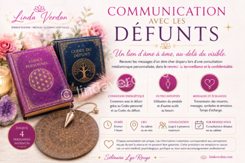 Consultation de communication avec les défunts au cabinet ou en visioconférence. Utilisation du Codex personnel, du Codex du défunt, du pendule et d'outils intuitifs. Jusqu'à 4 participants. Sur rendez-vous.
