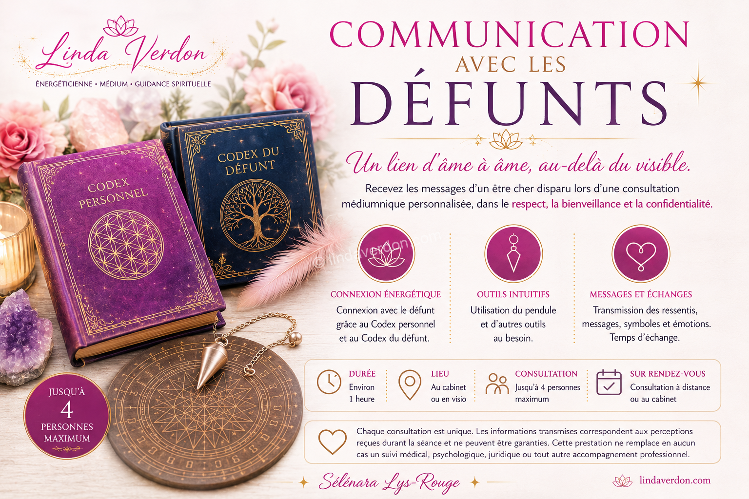 Consultation de communication avec les défunts au cabinet ou en visioconférence. Utilisation du Codex personnel, du Codex du défunt, du pendule et d'outils intuitifs. Jusqu'à 4 participants. Sur rendez-vous.