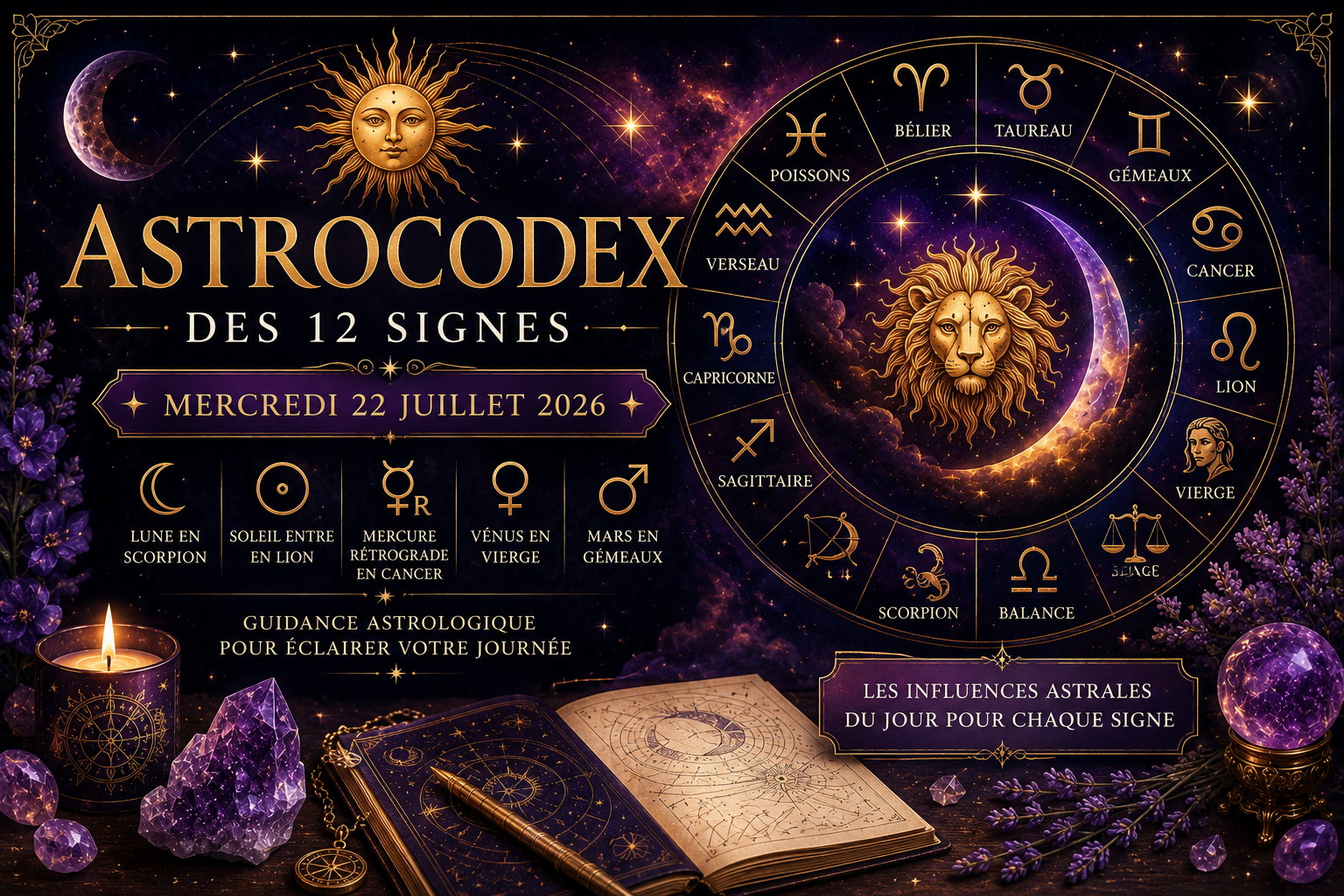 AstroCodex du 22 juillet 2026 : horoscope des 12 signes avec la Lune en Scorpion, le Soleil en Lion et les influences planétaires du jour. Une guidance astrologique claire pour votre quotidien.