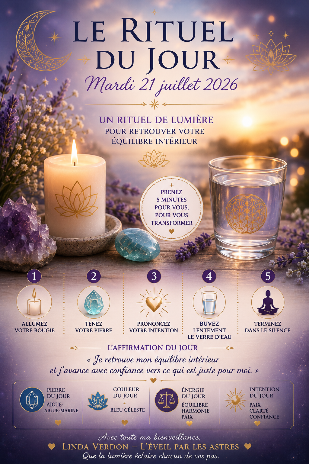 Prenez quelques minutes pour vous recentrer grâce à ce rituel du jour. Une pratique simple qui favorise la paix intérieure, l'harmonie et la confiance.