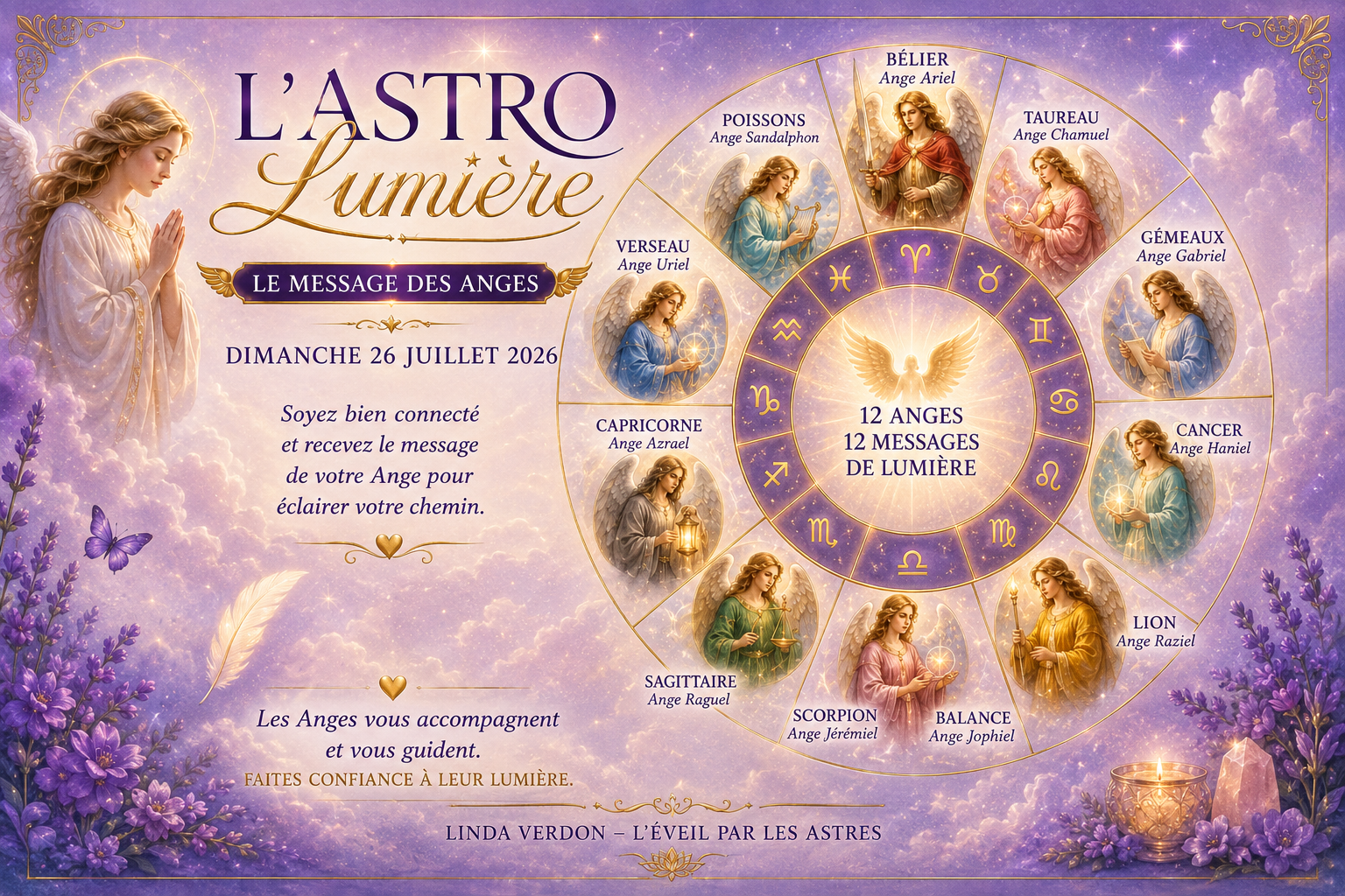Découvrez l’Astro Lumière du 26 juillet 2026 et recevez le message de l’Ange associé à chacun des douze signes du zodiaque.