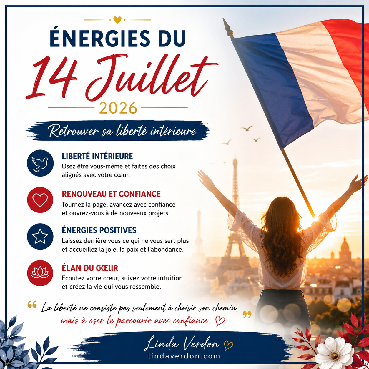 Découvrez les énergies du 14 juillet 2026, une méditation guidée et un message inspirant pour retrouver votre liberté intérieure et avancer avec confiance.