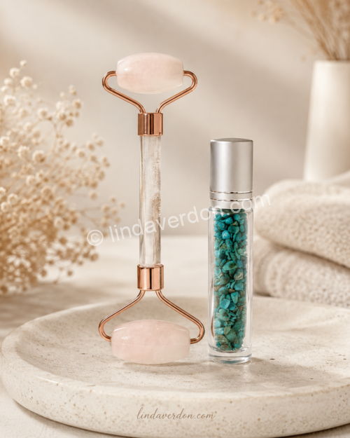 Découvrez ce pack beauté avec rouleau visage en quartz rose et stick roll-on avec chips de turquoise, idéal pour un rituel bien-être doux et élégant.