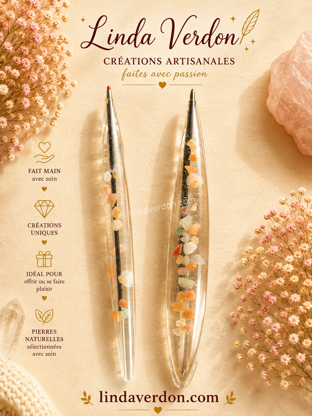 Stylo artisanal en résine transparente avec véritables pierres de cornaline. Une création unique, élégante et réalisée à la main. Vendu à l'unité.