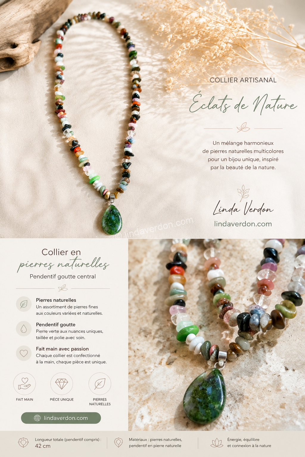 Découvrez Éveil Intérieur – Cœur d’Agate, collier artisanal de 42 cm en pierres naturelles avec pendentif central en agate verte.