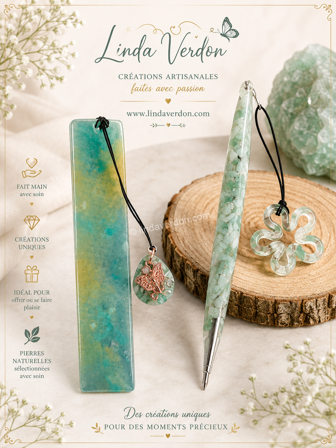 Coffret artisanal avec marque-page vert et or en aventurine et stylo garni d'aventurine. Création unique réalisée à la main.