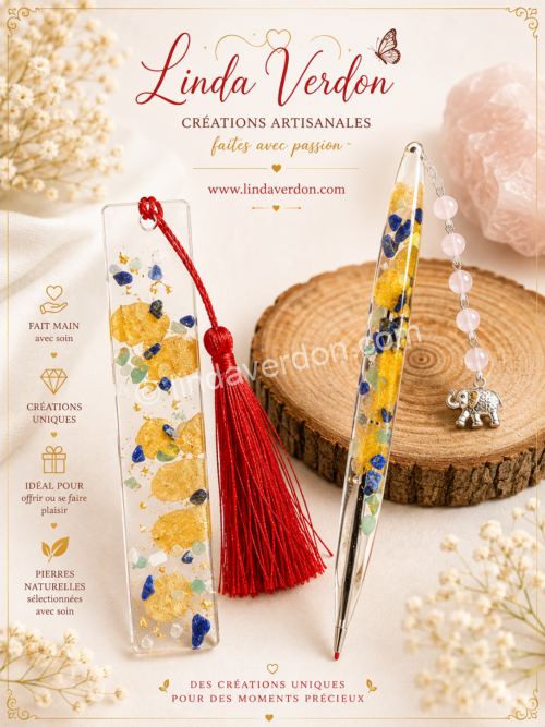 Marque-page & stylo Lapis-Lazuli et Quartz Rose