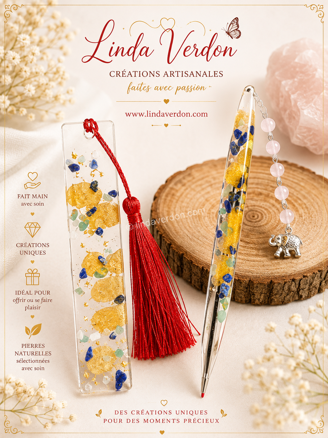Marque-page & stylo Lapis-Lazuli et Quartz Rose
