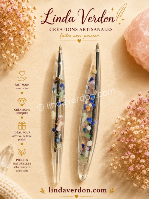 Stylo artisanal transparent avec véritables pierres naturelles : lapis-lazuli, améthyste et cornaline. Création unique réalisée à la main, vendue à l'unité.